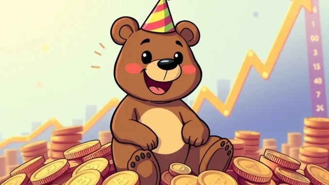 A cartoon bear celebrates a successful BeerBear crypto presale, symbolizing the potential for a 300% gain.