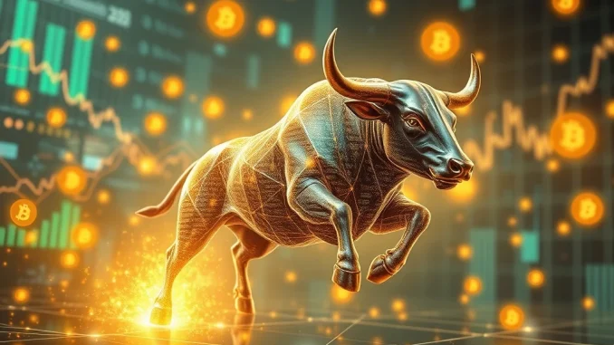 A bull symbolizing BIFI's astonishing crypto surge amidst a decentralized finance network, reflecting rapid market growth and market volatility.