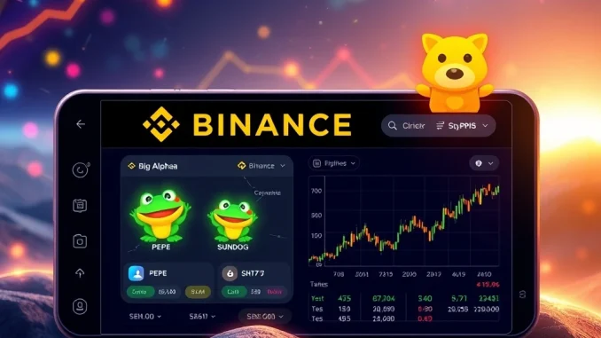 Binance Alpha platform displaying PEPE and SUNDOG tokens, symbolizing new early-stage crypto project listings and seamless integration.