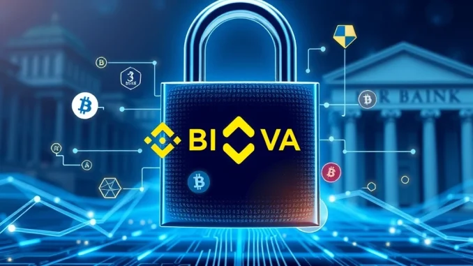 Binance Achieves Landmark Partnership: BBVA to Provide Secure Crypto Custody Binance and BBVA logos intertwined with a digital lock, symbolizing their secure crypto custody partnership for user funds.