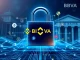 Binance and BBVA logos intertwined with a digital lock, symbolizing their secure crypto custody partnership for user funds.