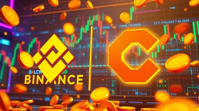 Binance Chainbase trading and airdrop event, showing digital coins and trading charts on a futuristic interface.