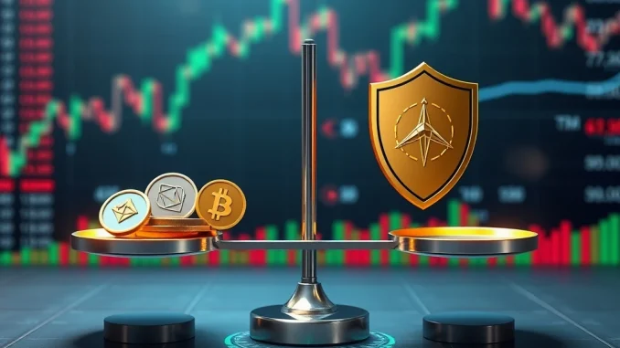 A digital scale balancing crypto assets, symbolizing Binance's adjustments to collateral ratios for enhanced crypto risk management.
