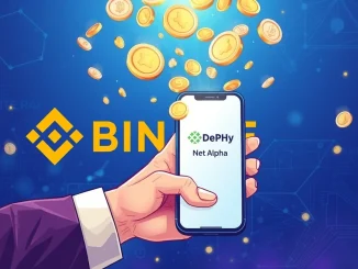 Binance airdrop event, showing digital tokens flowing from the Binance logo towards a user, symbolizing the DePHY token distribution and dynamic eligibility.