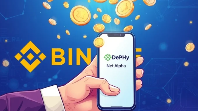 Binance airdrop event, showing digital tokens flowing from the Binance logo towards a user, symbolizing the DePHY token distribution and dynamic eligibility.