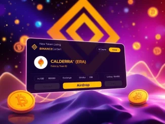 A digital representation of the Binance exchange interface highlighting the upcoming Caldera (ERA) listing and details about the HODLer Airdrop opportunity.