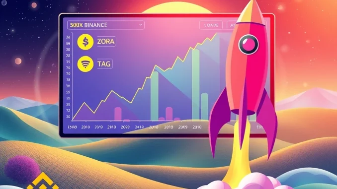 Binance Futures platform screen showing ZORA and TAG perpetual contracts with 50x leverage, symbolizing new trading opportunities and the DELABS TGE.