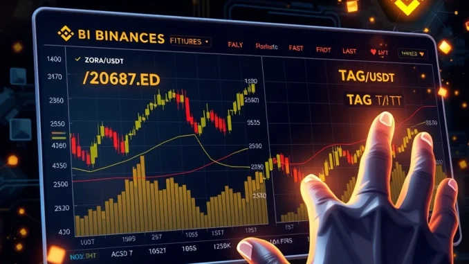 Binance Futures interface displaying ZORA USDT and TAG USDT perpetual contracts, symbolizing high-leverage altcoin trading opportunities.