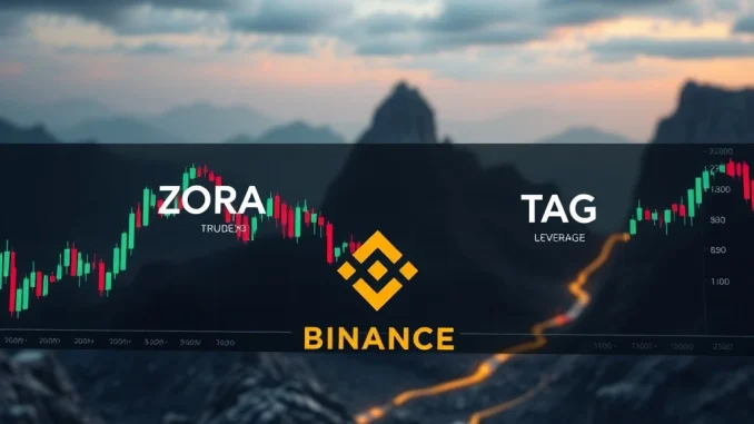 An image representing the expansion of Binance futures, with ZORA and TAG symbols, signifying new trading opportunities.