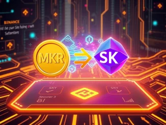 Visualizing the Binance MKR swap and Maker token rebranding process, showing digital tokens transforming on a crypto exchange.