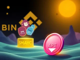 A digital illustration depicting the end of Binance NFT Staking for Bored Ape Yacht Club and Mutant Ape Yacht Club NFTs, with APE tokens declining.