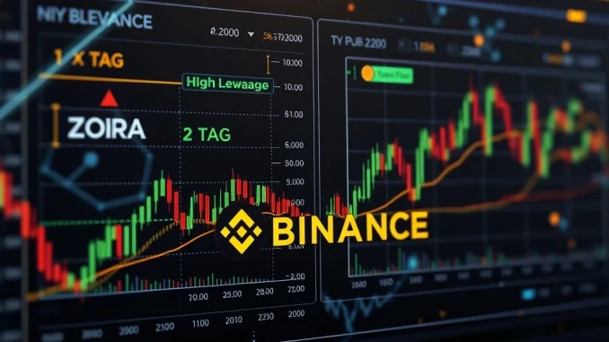 Digital interface showing Binance Perpetual Futures trading charts for ZORA and TAG, representing strategic expansion in crypto derivatives.