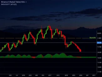 Bearish candlestick chart showing Binance Staked SOL (BNSOLUSDT) price decline, highlighting critical support levels.