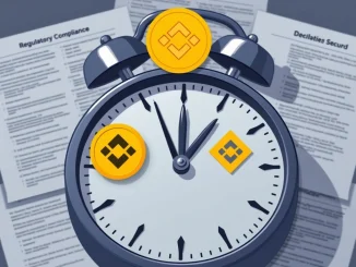 An image depicting the crucial delay of the Binance VRA airdrop due to crypto regulatory compliance, showing a paused clock and crypto logos.