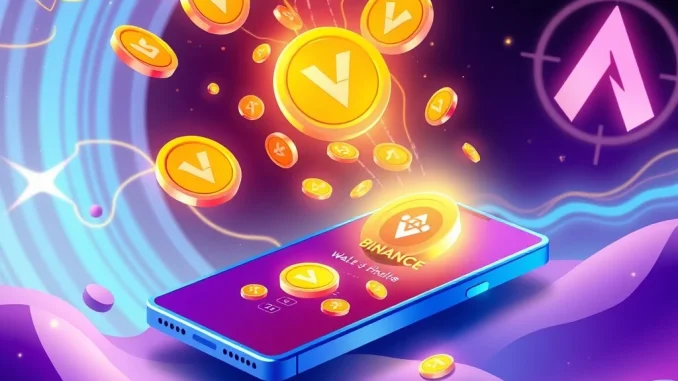An image depicting the Binance VRA airdrop, with Verasity VRA tokens flowing into a digital wallet, symbolizing a significant crypto airdrop reward.
