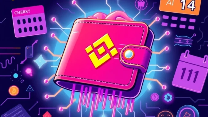 A digital wallet interface displaying the Binance logo and a stylized Cherry AI AIBOT token, representing the upcoming Binance Wallet TGE on PancakeSwap.