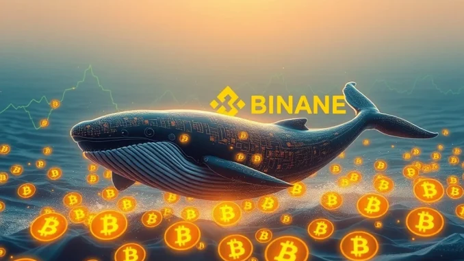 Illustration of large crypto transactions representing a surge in Binance whale activity, showing significant BTC inflows on the exchange.