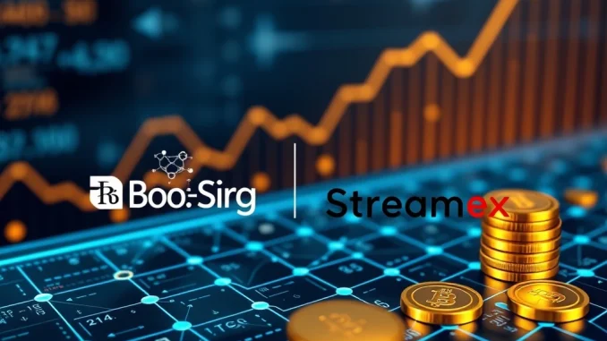 Illustrates the BioSig-Streamex merger propelling RWA tokenization in commodities, symbolizing the convergence of traditional finance and blockchain for digital asset growth.
