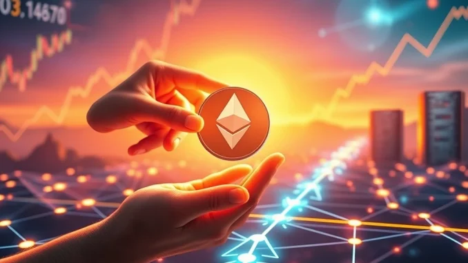 A digital representation of Ethereum staking, with coins flowing into a secure network, symbolizing Bit Digital's strategic shift and significant capital raise.