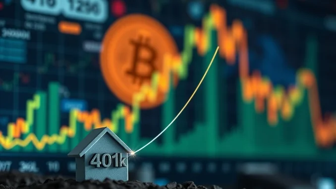 A digital chart showing Bitcoin price surging, with a 401(k) retirement plan icon, representing the potential impact of **Bitcoin 401(k)** access on its value.