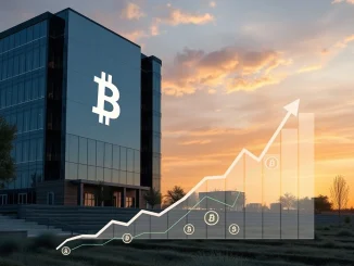 A modern corporate building representing public companies integrating Bitcoin, symbolizing the surge in Bitcoin adoption for strategic corporate treasury management.