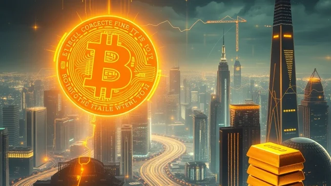 Bitcoin symbol against a backdrop of futuristic AI economic growth charts, illustrating the digital asset's rise amidst shifting market trends.