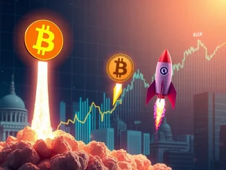 A digital chart showing Bitcoin's price rising with an altcoin rocket, symbolizing the explosive altcoin surge driven by market optimism.