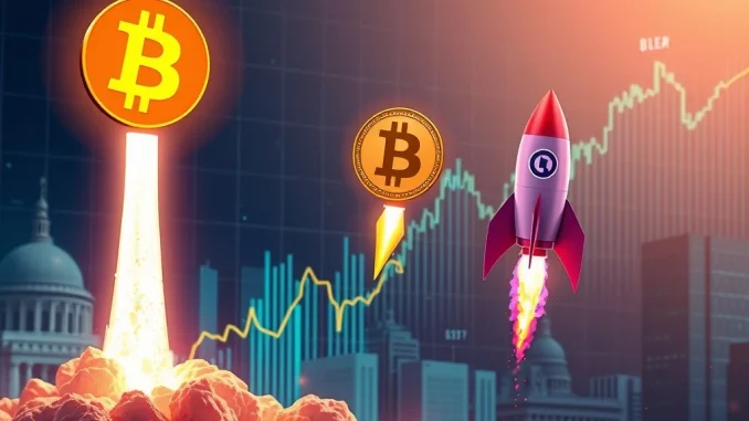 A digital chart showing Bitcoin's price rising with an altcoin rocket, symbolizing the explosive altcoin surge driven by market optimism.
