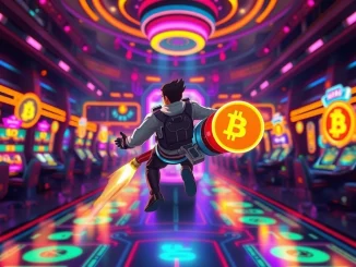 A dynamic digital arena showcasing players competing in the Bitcoin Arena Cash Tournament, highlighting the future of blockchain gaming.