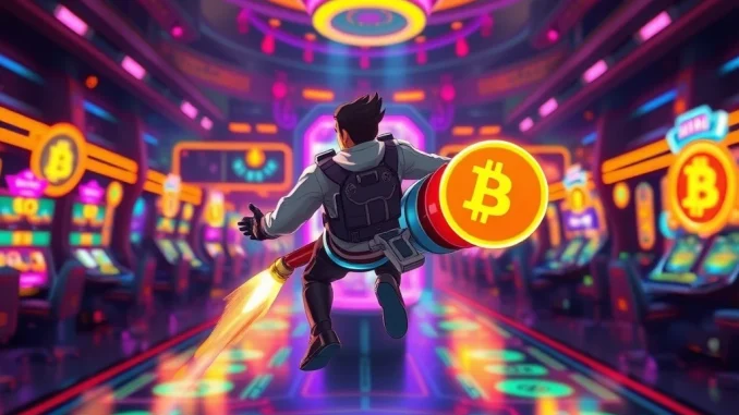 A dynamic digital arena showcasing players competing in the Bitcoin Arena Cash Tournament, highlighting the future of blockchain gaming.