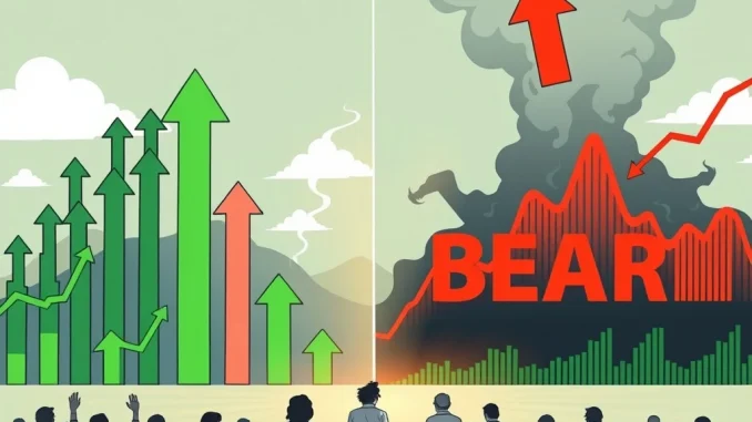 A visual metaphor for the impending Bitcoin bear market, illustrating the contrast between past gains and future market volatility for retail Bitcoin investors.
