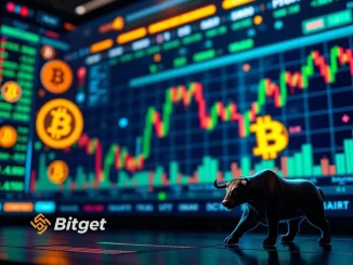 Digital interface showing Bitcoin charts and Bitget logo, representing Bitget's launch of BTC-margined perpetual contracts for strategic crypto derivatives expansion.