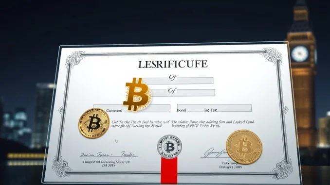 Illustration of a Bitcoin-based convertible bond document, symbolizing innovative digital asset financing in the UK.
