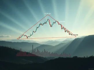 A Bitcoin chart showing a symmetrical triangle pattern, highlighting key support and resistance levels, symbolizing the awaited BTC breakout.