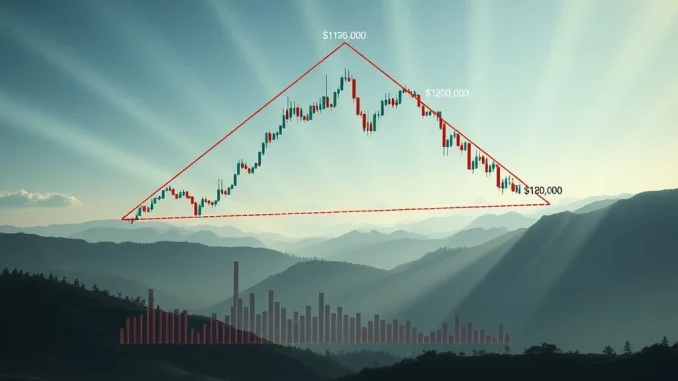 Bitcoin Price: Critical Breakout Looms as Market Signals Volatility Near Key Levels A Bitcoin chart showing a symmetrical triangle pattern, highlighting key support and resistance levels, symbolizing the awaited BTC breakout.