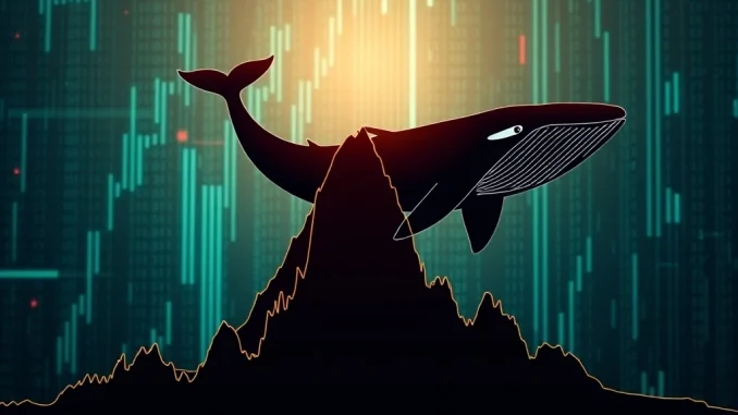 Bitcoin Bull Cycle: Urgent Warning as Analysts Predict Potential End A bearish market graph with a large whale fin surfacing, symbolizing the potential end of the Bitcoin bull cycle and whale selling.