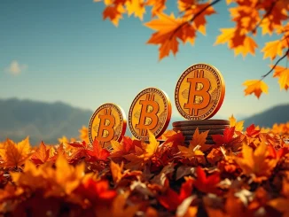 A chart showing a Bitcoin bull market trend, with autumn leaves, representing analyst predictions for an autumn surge in BTC price.