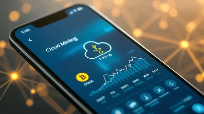 Mobile phone displaying Quid Miner app interface with Bitcoin cloud mining graphics, symbolizing daily crypto returns.