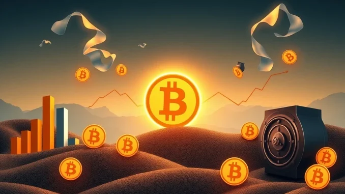 A secure Bitcoin symbol acting as collateral, supporting traditional financial growth charts and signifying the future of wealth management through crypto lending.