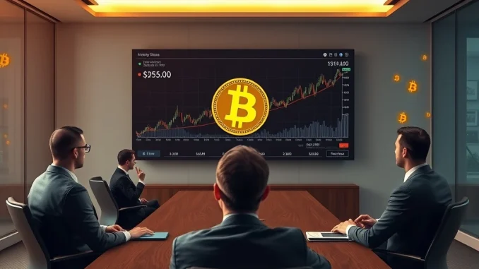 Corporate executives celebrating the surge in Bitcoin adoption, symbolizing the growing institutional confidence in BTC investment.