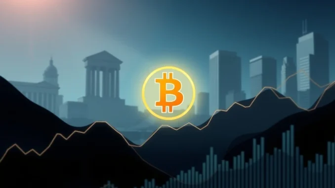 A stable, growing financial graph with institutional buildings in the background, symbolizing a new era for Bitcoin and the crypto market driven by institutional adoption.