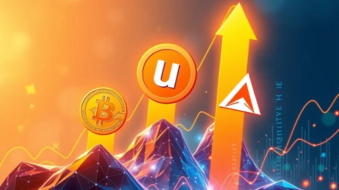 A visual representation of Bitcoin, Uniswap, and Avalanche logos ascending, symbolizing the powerful crypto rally discussed in today's Bitcoin news.