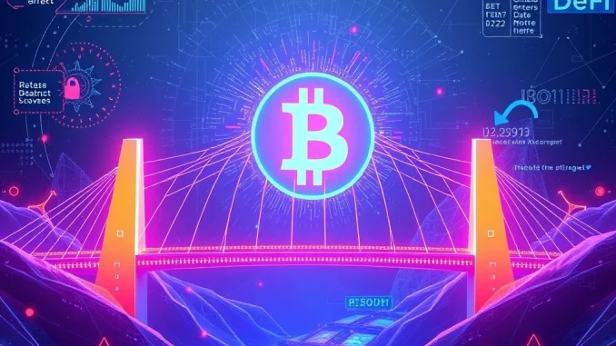 A digital bridge connecting Bitcoin to DeFi, symbolizing Bitlayer's BitVM Bridge enhancing Bitcoin DeFi utility.