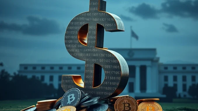 A visual metaphor for Bitcoin's growing influence as stablecoins challenge the dollar's purchasing power amidst Federal Reserve policy.