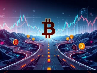 A visual representation of Bitcoin Dominance at a crossroads, with arrows pointing towards potential altcoin rallies or corrections, illustrating the market's critical decision point.