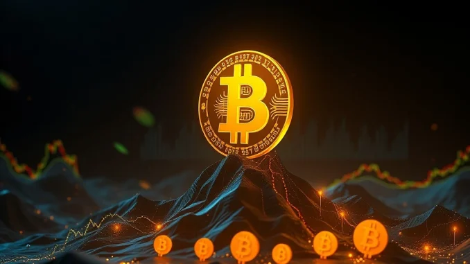 Bitcoin dominance visualized with towering cryptocurrency symbols and market charts