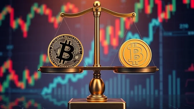 A digital scale illustrating Bitcoin dominance shifting as altcoins gain momentum, reflecting capital rotation in the crypto market.