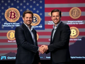 Winklevoss twins standing before a Bitcoin symbol, symbolizing their significant **Bitcoin donation** to a political fund for crypto advocacy.