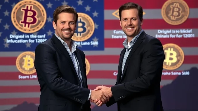Bitcoin Donation: Winklevoss Twins Make Historic $21M Contribution to Digital Freedom Fund Winklevoss twins standing before a Bitcoin symbol, symbolizing their significant **Bitcoin donation** to a political fund for crypto advocacy.