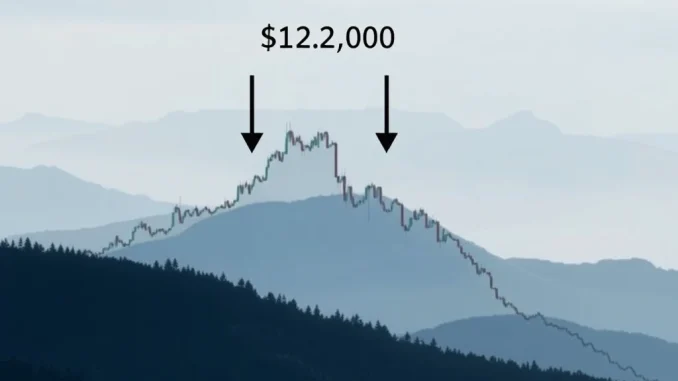 Bitcoin chart showing a double-top pattern at $122K, signaling a potential BTC price downtrend.